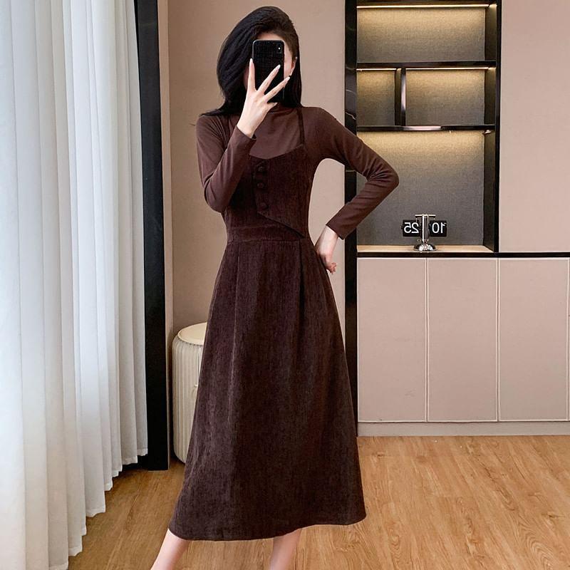 Set: Long-Sleeve Mock Neck Plain T-Shirt + Spaghetti Strap Scoop Neck Plain Midi A-Line Dress Product Image