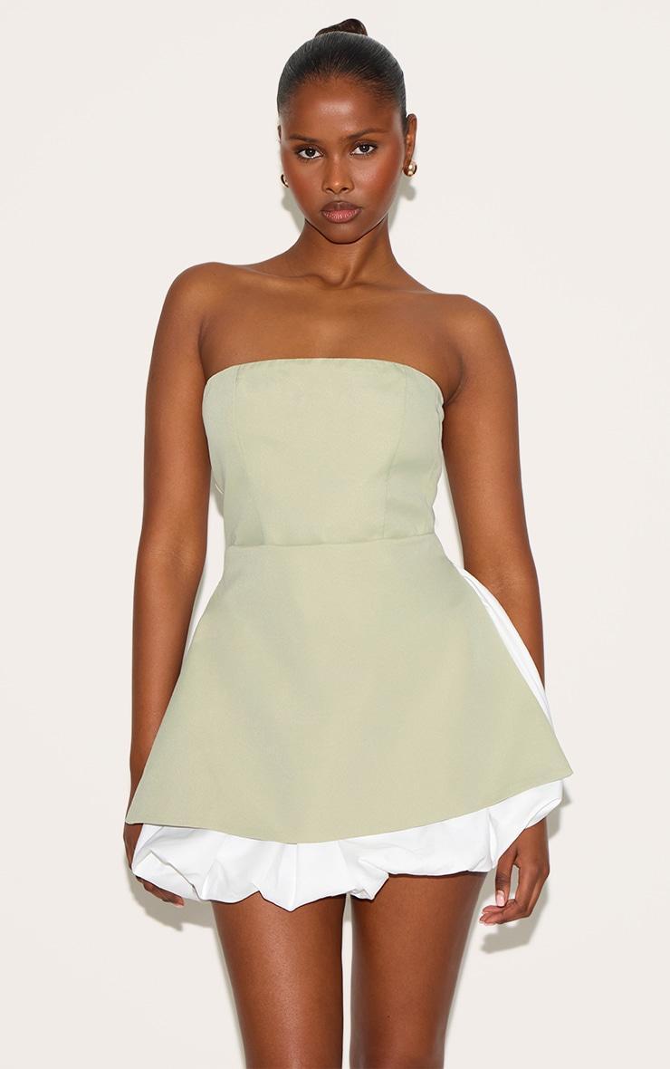 Sage Green Tailored Bandeau Puffball Hem Shift Dress Product Image