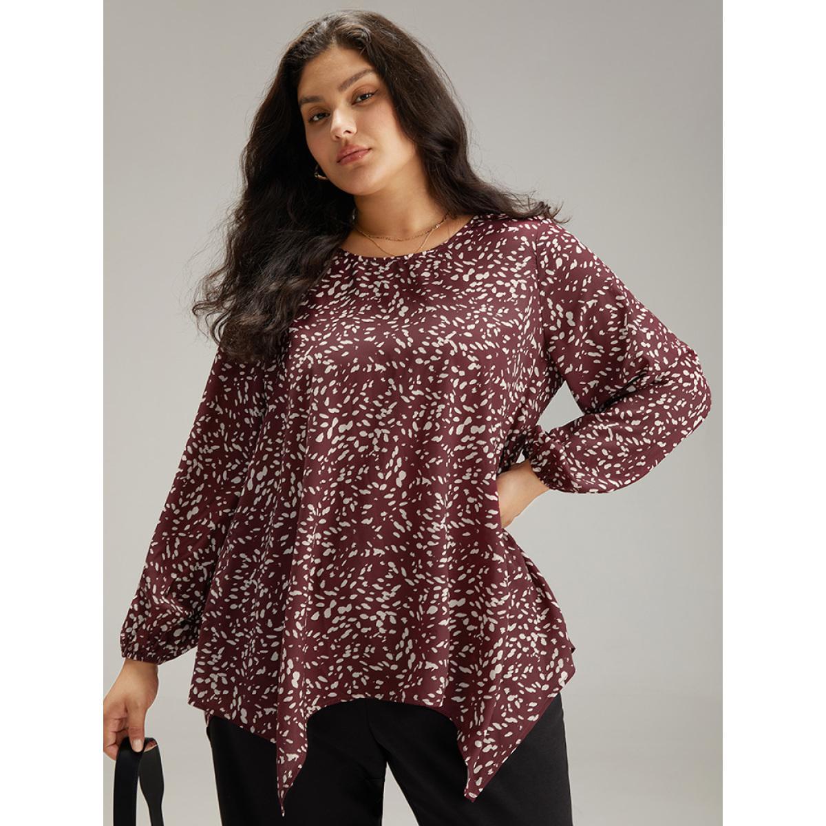 Plus Size Scarlet Water Drop Print Hanky Hem Blouse Women Office Long Sleeve Round Neck Work Blouses BloomChic 30/6X Product Image