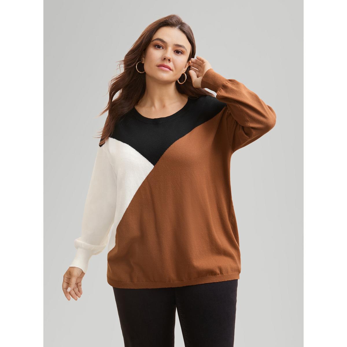 Plus Size Supersoft Essentials Colorblock Contrast Pullover Browncoffeecolor Women Casual Long Sleeve Round Neck Everyday Pullovers BloomChic 22-24/3X Product Image