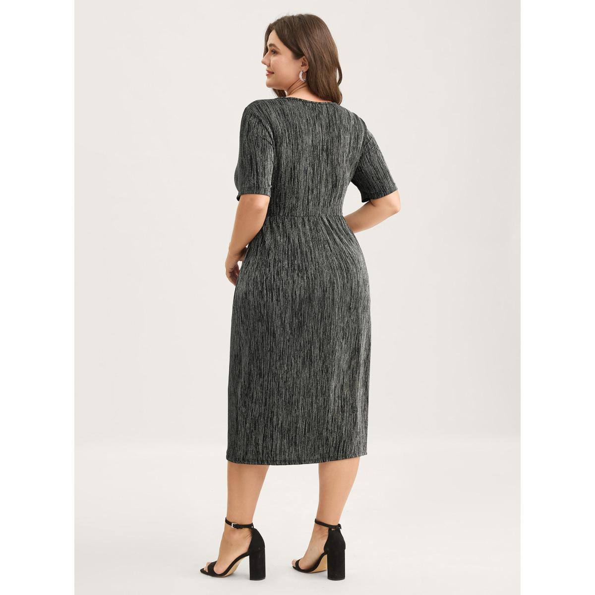 Plus Size Stretchy Asymmetrical Hem Surplice Midi Dress Black Women Overlapping Overlap Collar Short sleeve Curvy BloomChic 26/4X Product Image