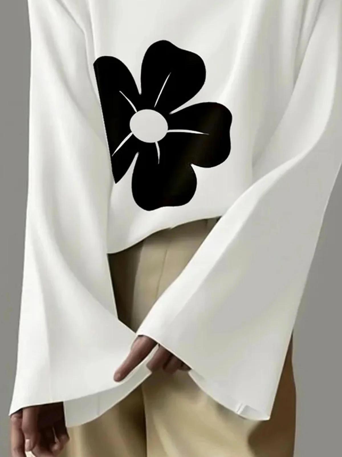 Flared Sleeves Long Sleeves Flower Print High Neck T-Shirts Tops Product Image