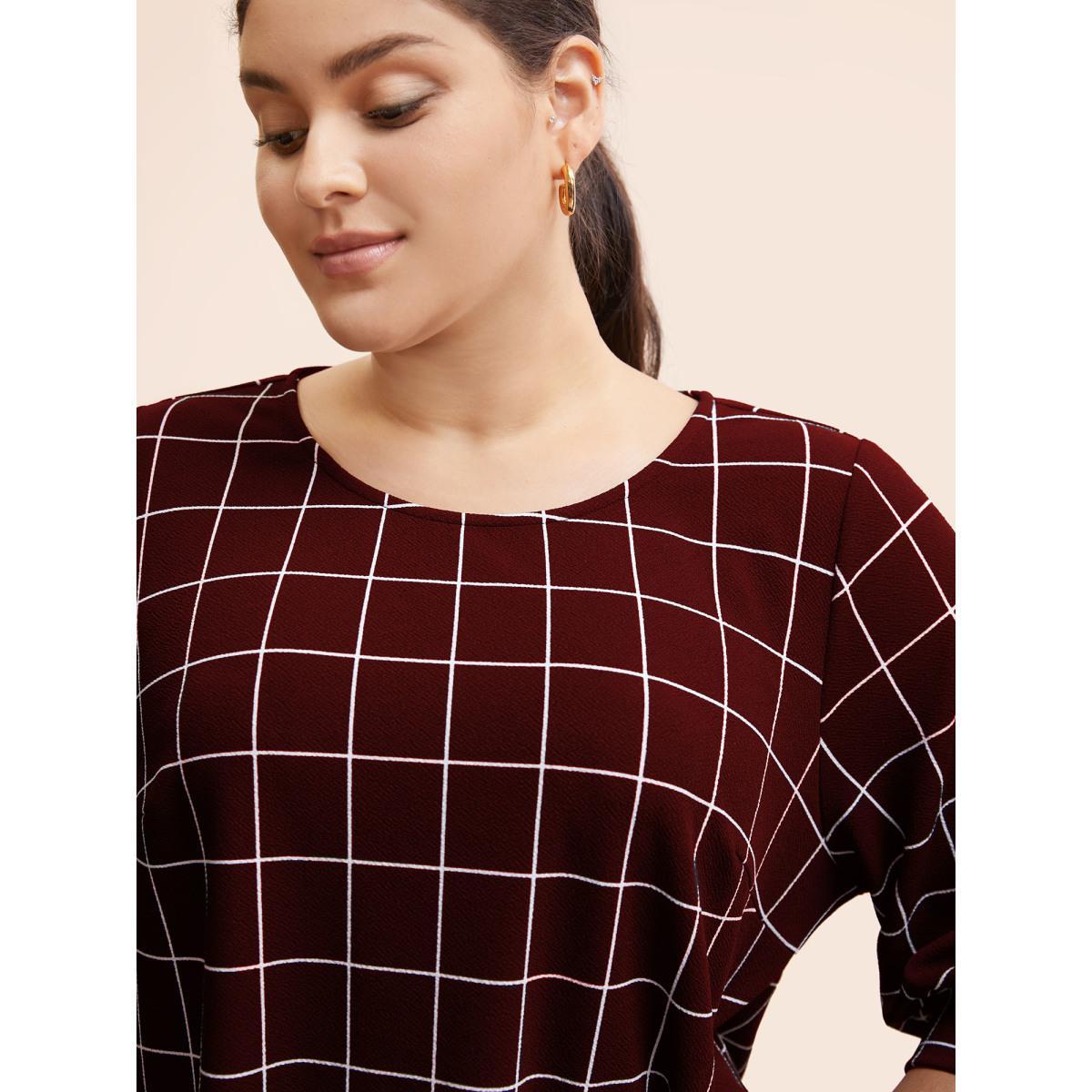 Plus Size Plaid Round Neck Lantern Sleeve T-shirt Burgundy Women At the Office Printed Plaid Round Neck Work T-shirts BloomChic 10/M Product Image