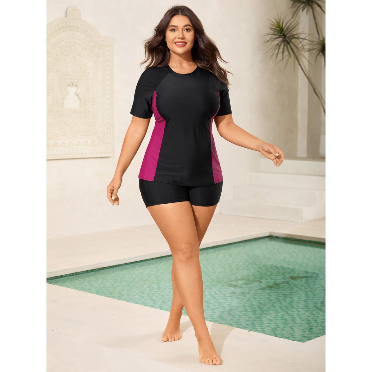 Plus Size Color Block Sculpted Raglan Swim Top Women's Swimwear RedViolet Beach High stretch Skinny Round Neck Curve Swim Tops BloomChic 12/L Product Image