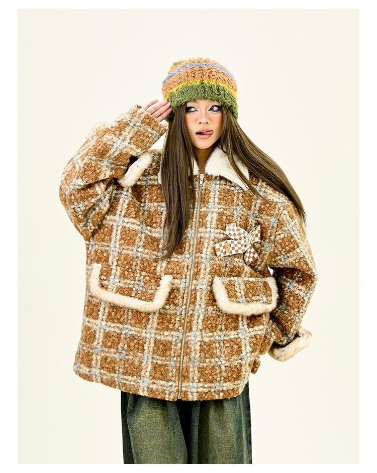 Lapel Collar Plaid Bow Detail Oversized Zip Coat Product Image