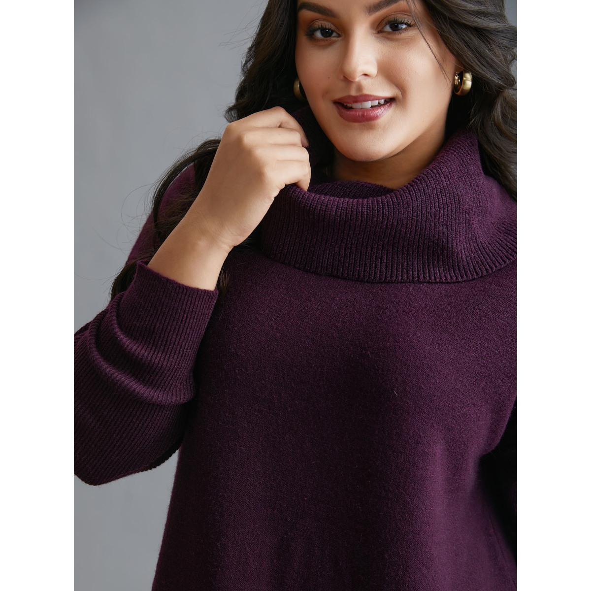 Plus Size Supersoft Essentials Turtle Neck Asymmetrical Hem Slit Pullover Eggplant Women Casual Loose Long Sleeve Turtleneck Everyday Pullovers BloomChic 14-16/1X Product Image