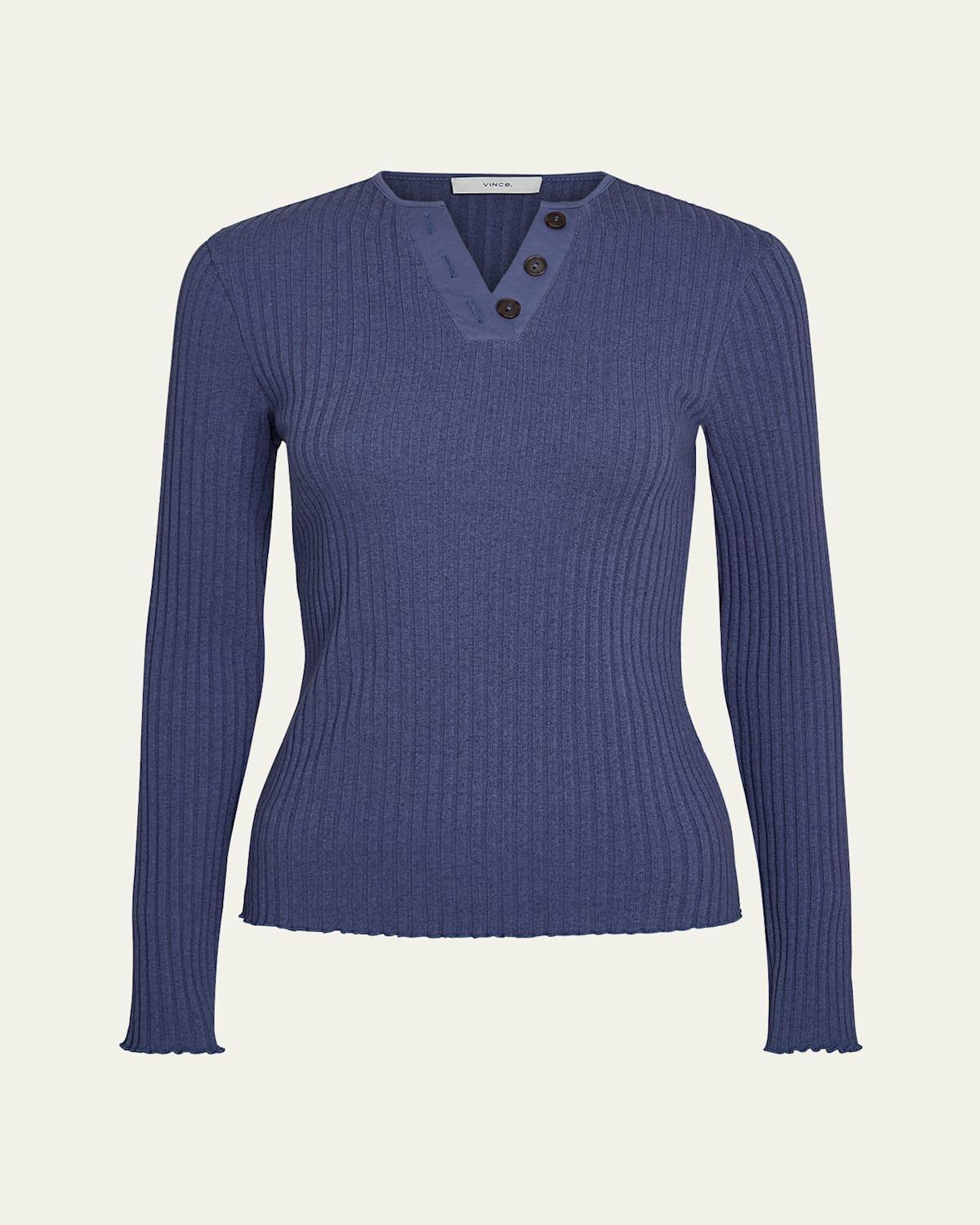 Rib-Knit Long-Sleeve Henley Top Product Image