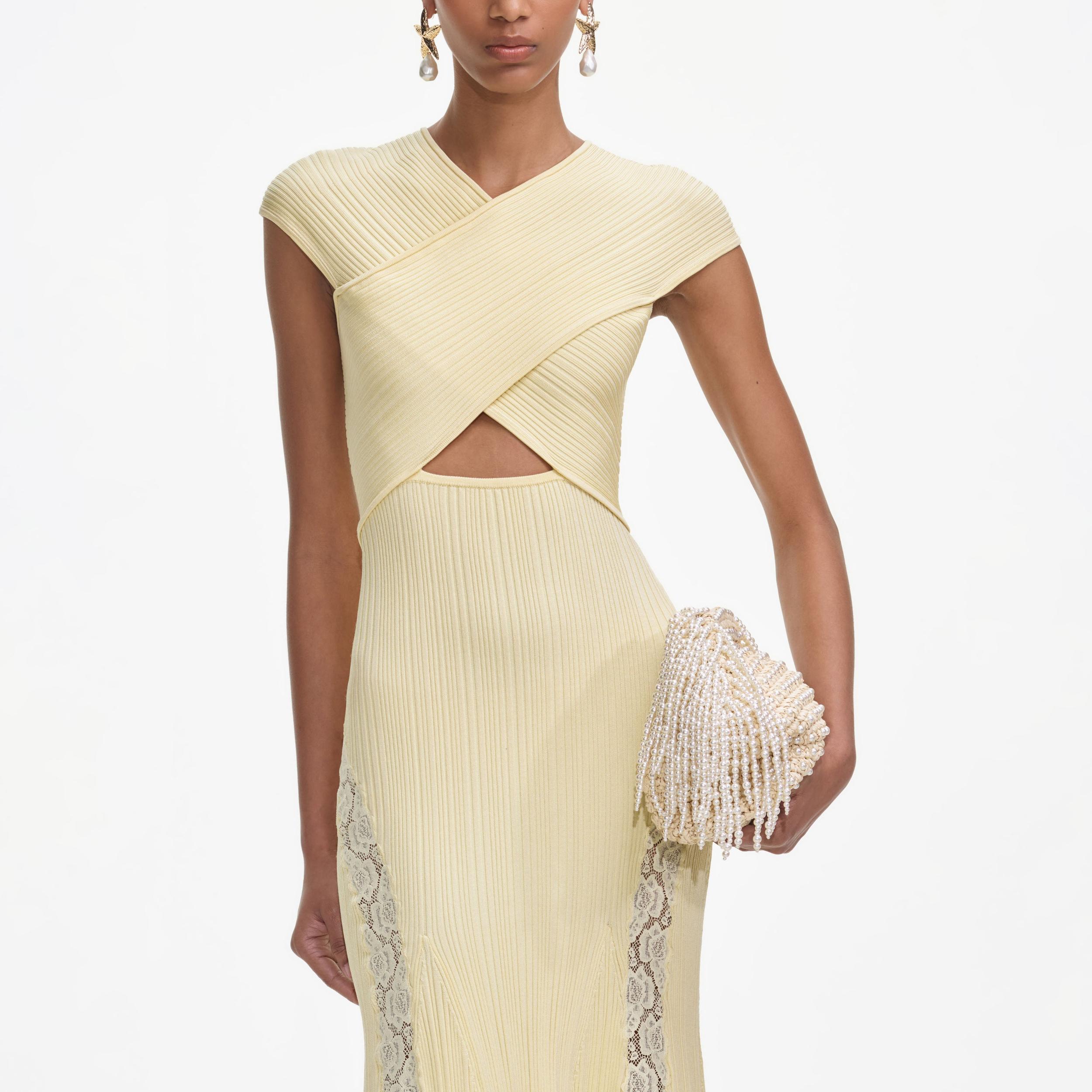 Yellow Knit Lace Insert Midi Dress Product Image