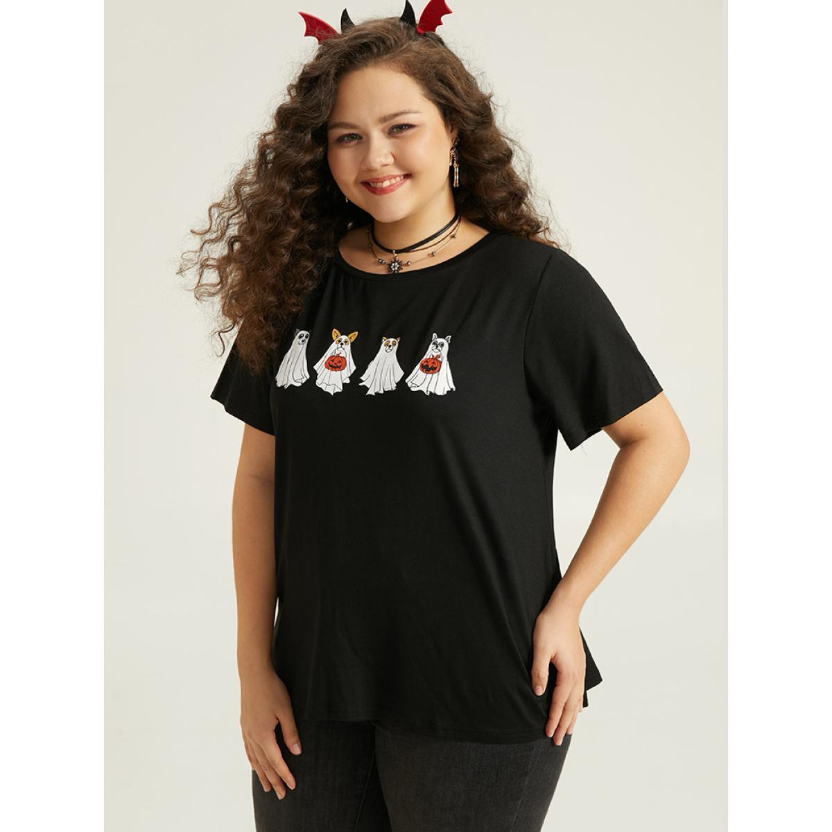 Plus Size Supersoft Essentials Halloween Print Crew Neck T-shirt Black Women Casual Printed Halloween Festival-Halloween T-shirts BloomChic 26/4X Product Image
