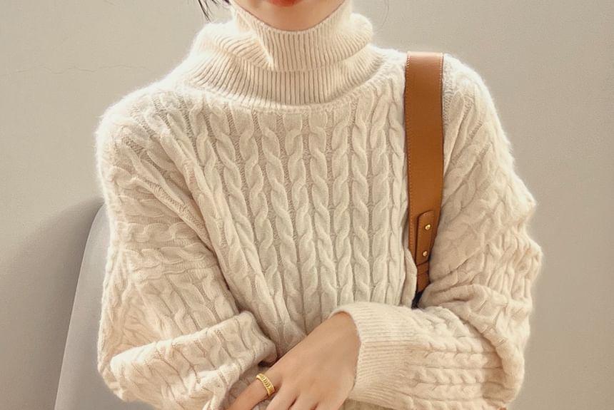Turtleneck Cable Knit Plain Sweater Dress Product Image