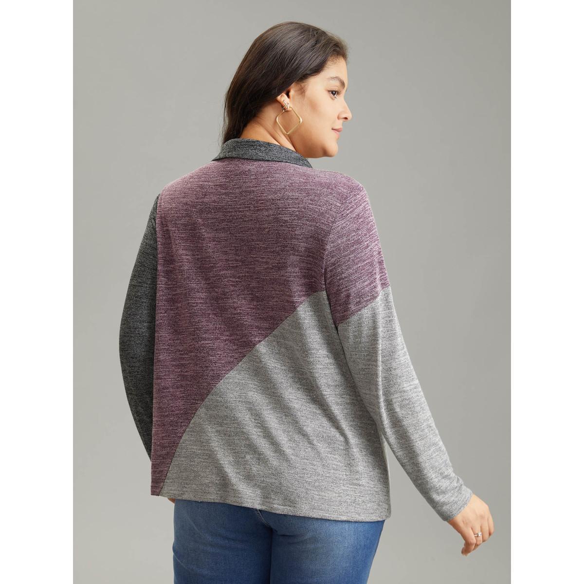 Plus Size Contrast Heather V Neck Button Detail T-shirt Multicolor Women Elegant Heather Plain V-neck Dailywear T-shirts BloomChic 26/4X Product Image