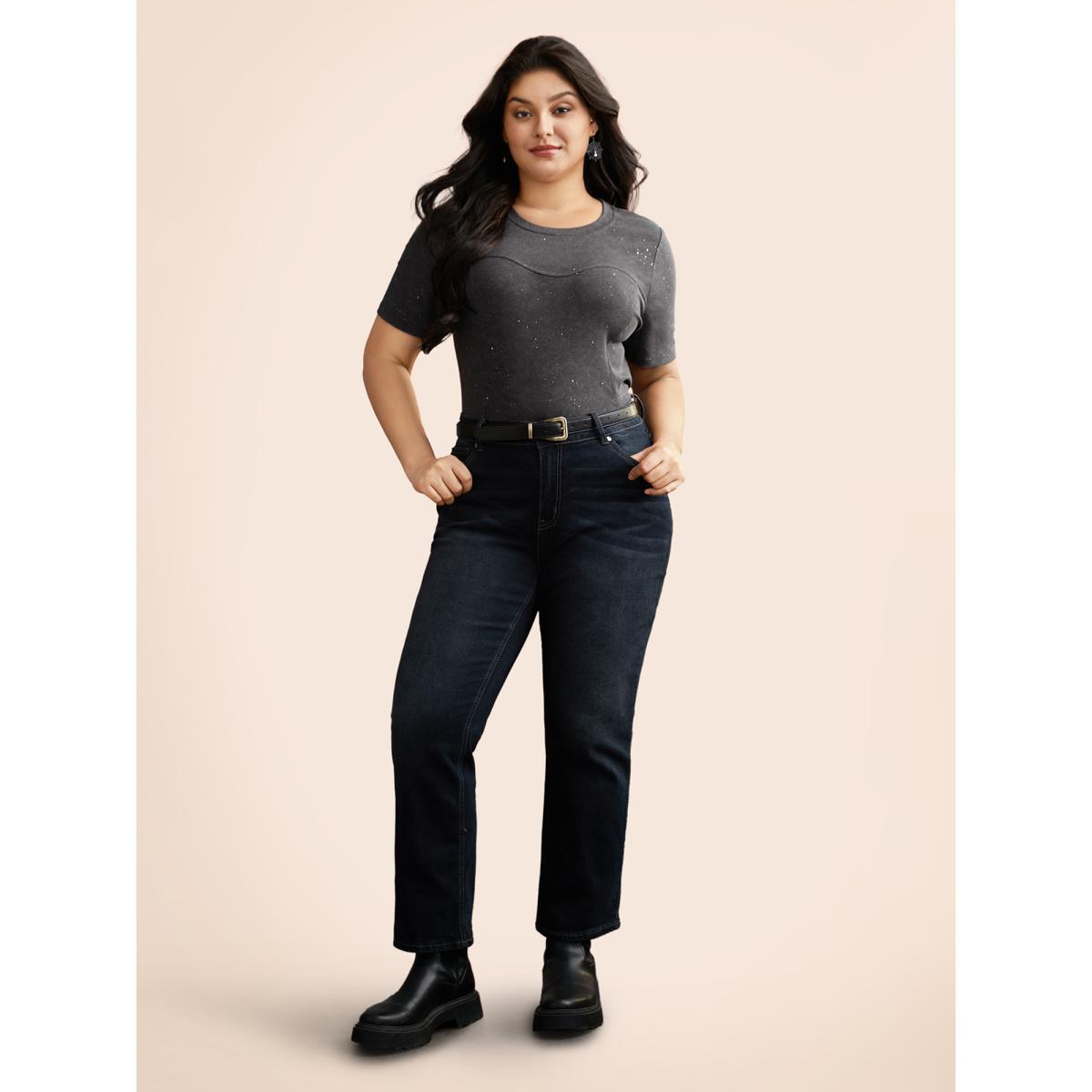 Plus Size Gleaming Textured Sequin Slim-Fit T-shirt Acidwashblack Women Casual Non Round Neck Everyday T-shirts BloomChic 12/L Product Image