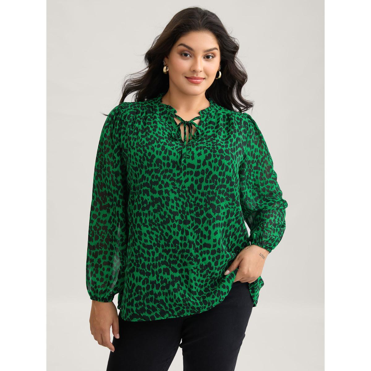 Plus Size DarkGreen Leopard Print Tie Knot Lantern Sleeve Blouse Women Elegant Long Sleeve V-neck Everyday Blouses BloomChic 30/6X Product Image