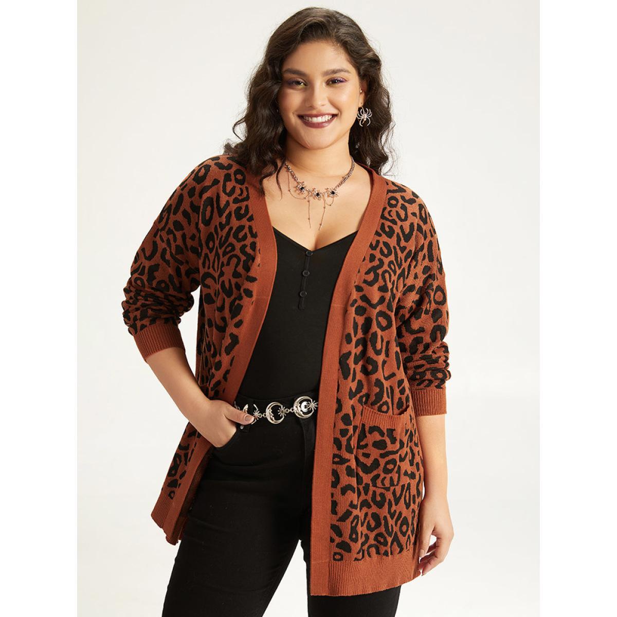 Plus Size Halloween Leopard Print Patched Pocket Split Side Cardigan Leopard Women Casual Loose Long Sleeve Festival-Halloween Cardigans BloomChic 22-24/3X Product Image
