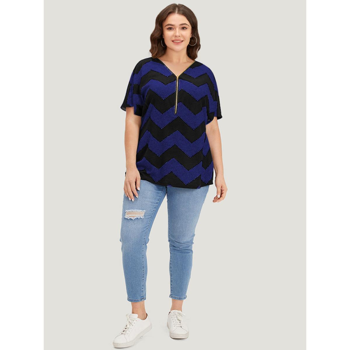 Plus Size Striped Zipper Batwing Sleeve T-shirt Blue Women Casual Zipper Striped V-neck Dailywear T-shirts BloomChic 30/6X Product Image
