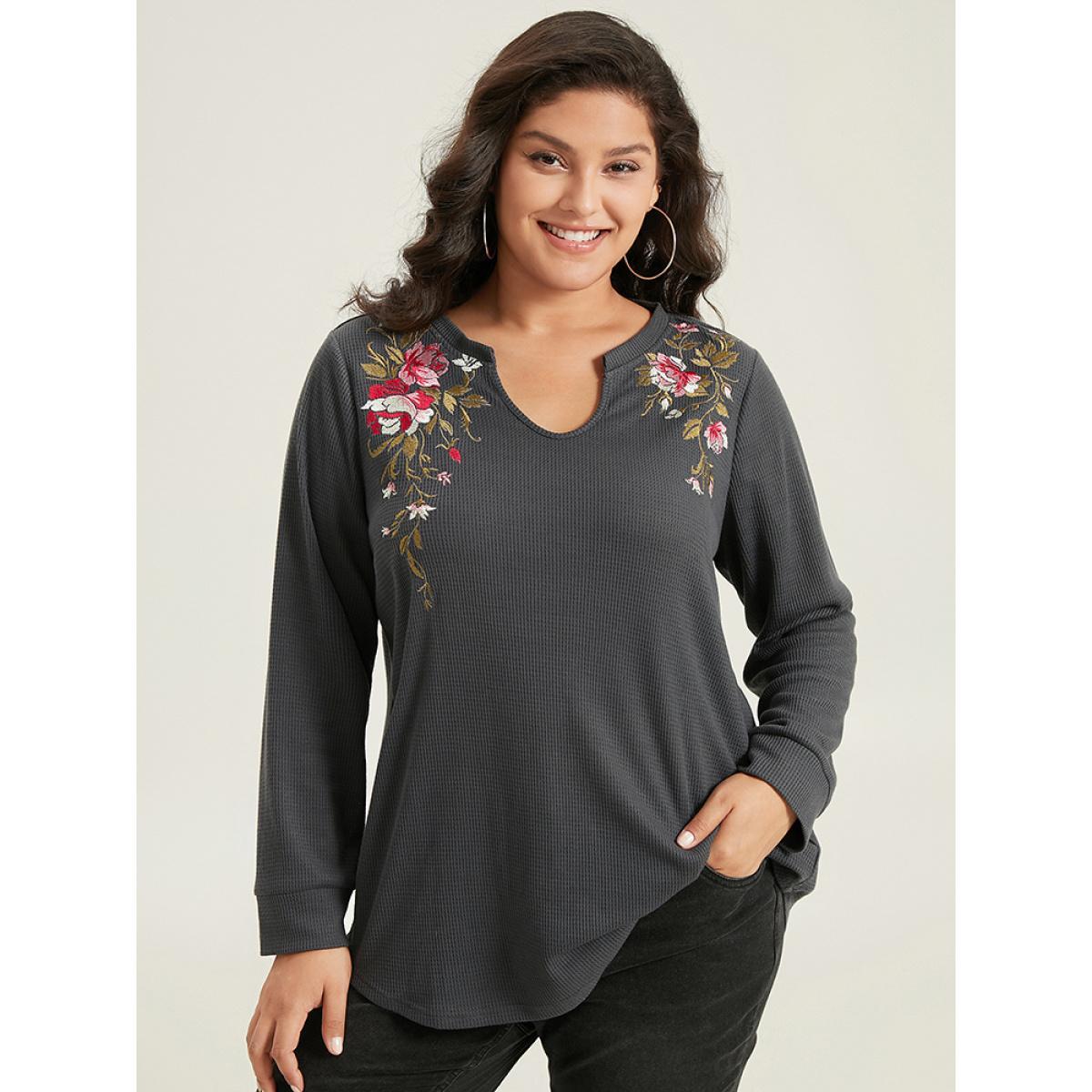 Plus Size Floral Embroidered Notched Arc Hem Sweatshirt Women DimGray Casual Embroidered Notched collar Dailywear Sweatshirts BloomChic 28/5X Product Image