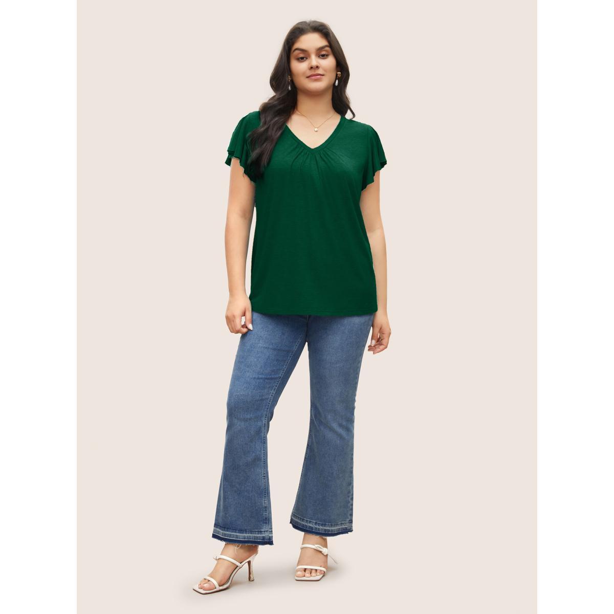 Plus Size Solid Heather Gathered Ruffle Sleeve T-shirt DarkGreen Women Elegant Non V-neck Everyday T-shirts BloomChic 10/M Product Image