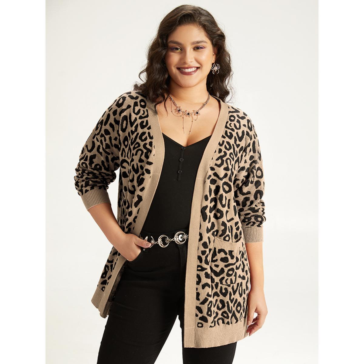 Plus Size Halloween Leopard Print Patched Pocket Split Side Cardigan LightBrown Women Casual Loose Long Sleeve Festival-Halloween Cardigans BloomChic 14-16/1X Product Image