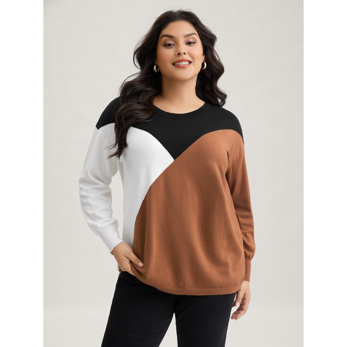Plus Size Supersoft Essentials Colorblock Contrast Pullover Browncoffeecolor Women Casual Long Sleeve Round Neck Everyday Pullovers BloomChic 30/6X Product Image