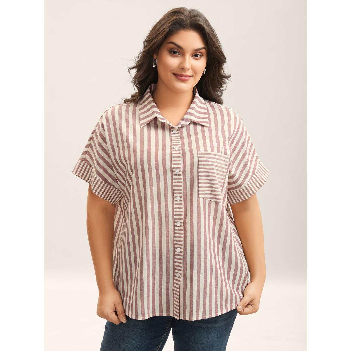 Plus Size Russet Cotton Striped Dolman Sleeve Blouse Women Short sleeve Shirt collar Work Blouses BloomChic 12/L Product Image