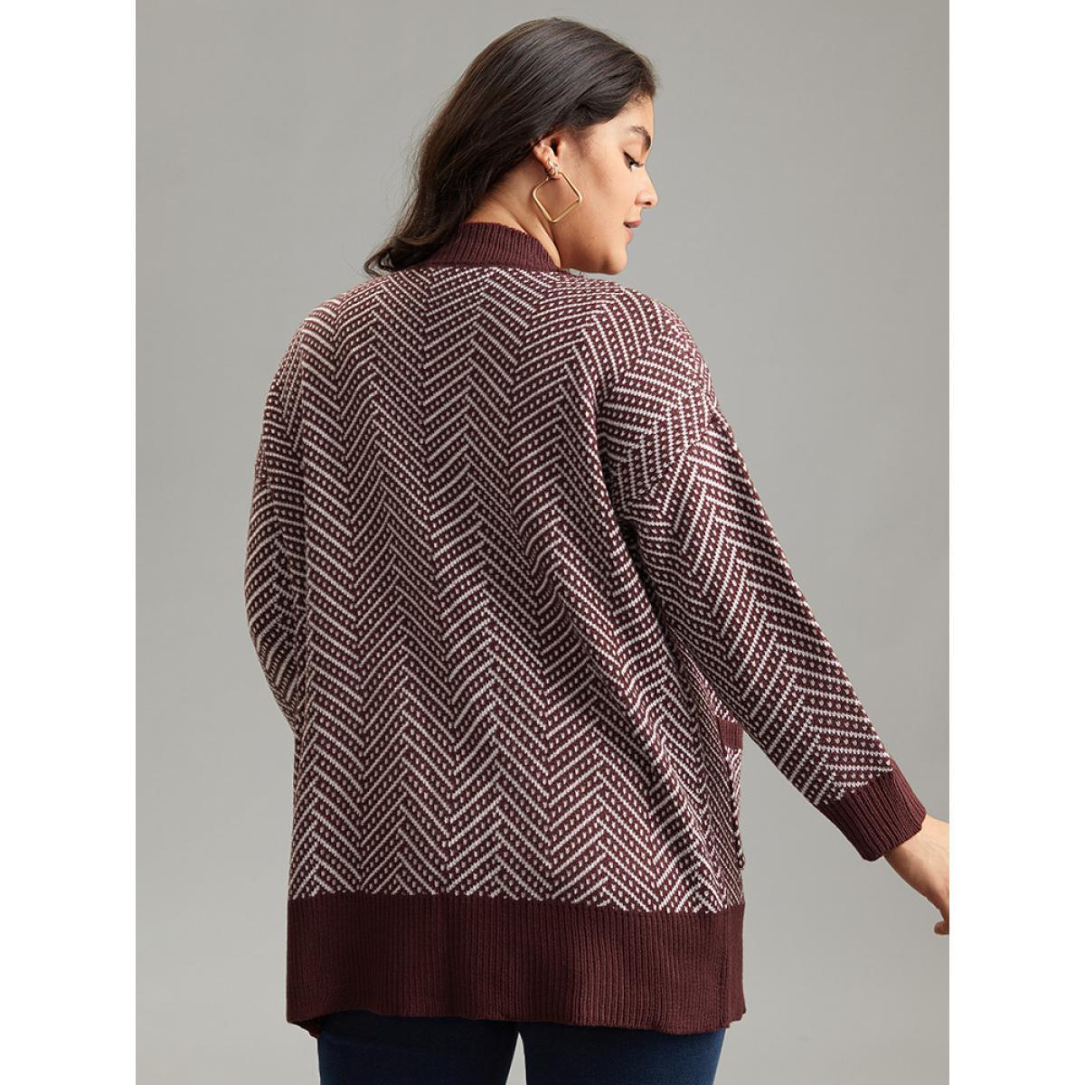 Plus Size Jacquard Open Front Pocket Loose Cardigan Maroon Women Casual Loose Long Sleeve Dailywear Cardigans BloomChic 12/L Product Image