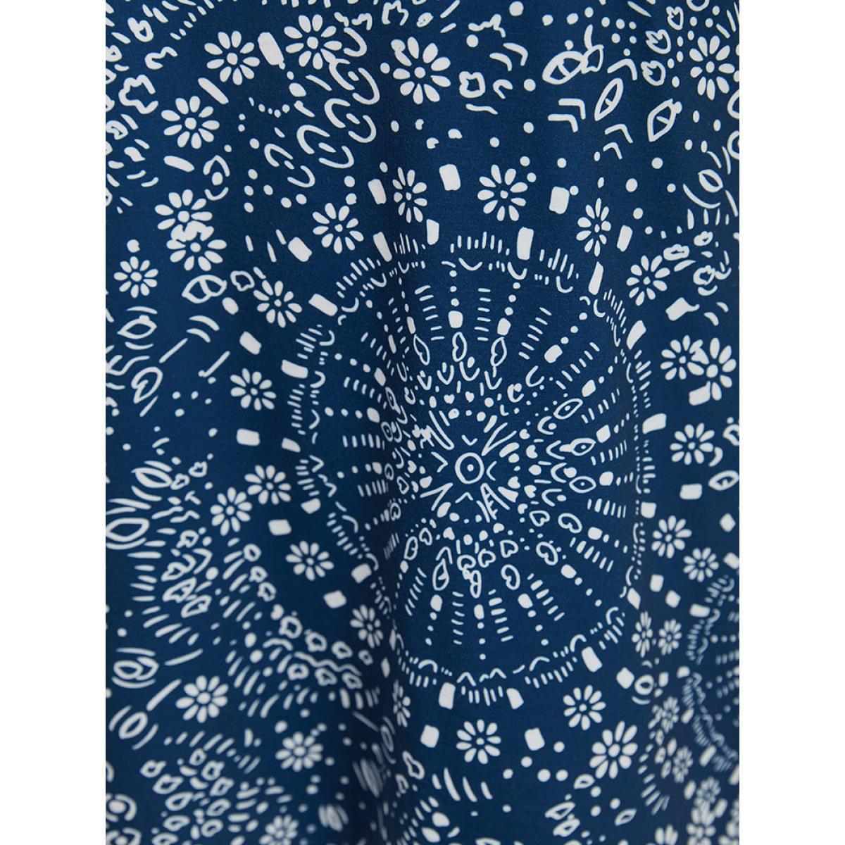 Plus Size Bandana Print V Neck Moderately Stretchy T-shirt Blue Women Elegant Bohemian Print V-neck Dailywear T-shirts BloomChic 18-20/2X Product Image
