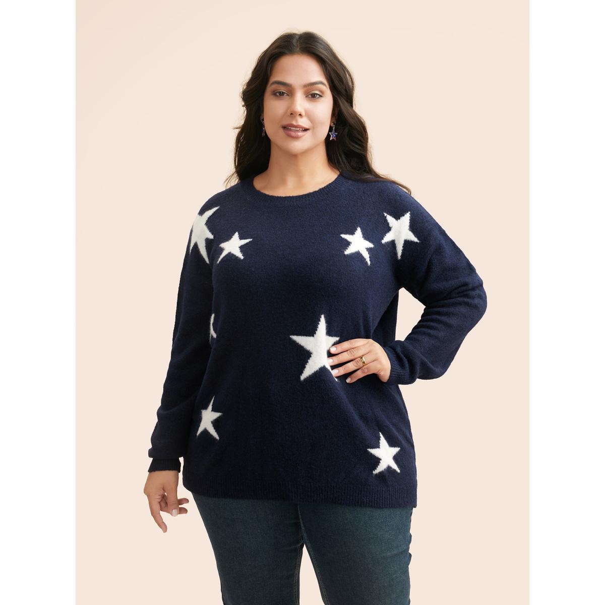Plus Size Star Jacquard Crew Neck Pullover Indigo Women Casual Loose Long Sleeve Round Neck Everyday Pullovers BloomChic 26/4X Product Image