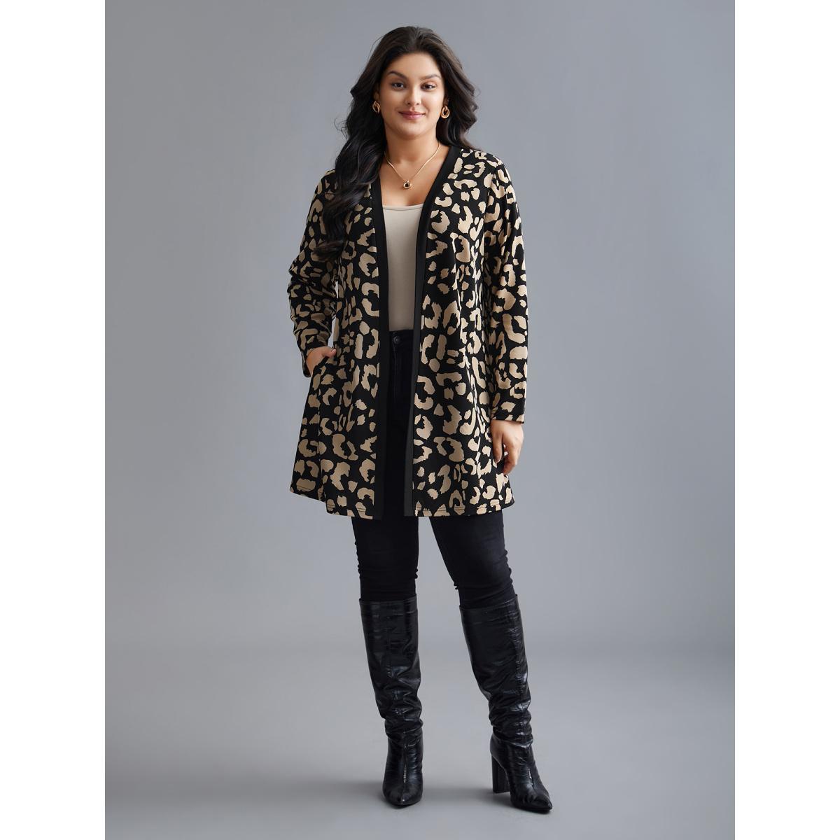 Plus Size Leopard Print Color Contrast Kimono Women LightBrown Elegant Contrast Loose Side seam pocket Everyday Kimonos BloomChic 26/4X Product Image