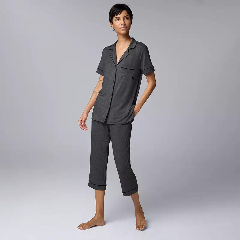 Women's Simply Vera Vera Wang Basic Luxury Notch Collar Pajama Shirt & Pajama Capris Set, Size: XS, Black Product Image