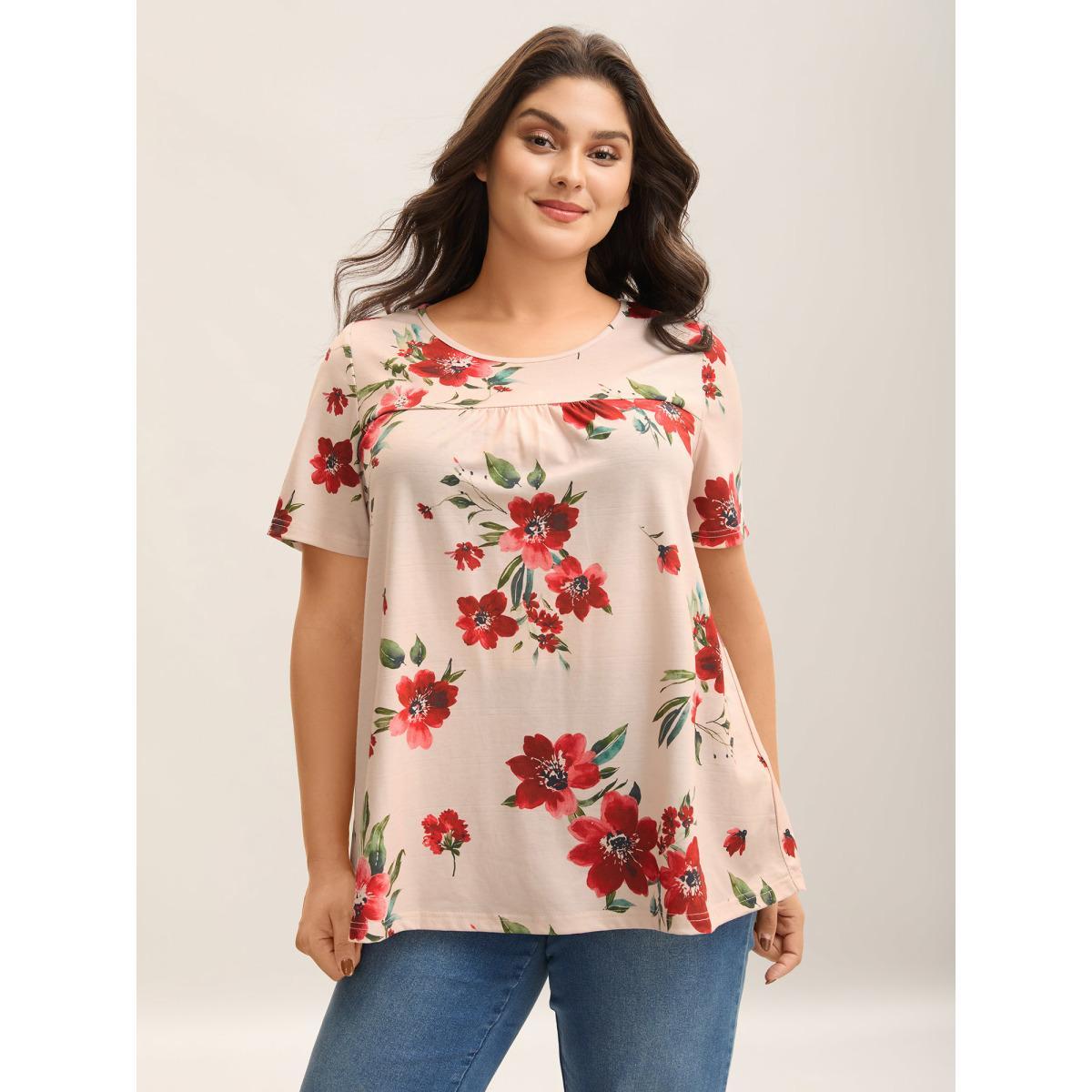 Plus Size Dreamy Floral Print Flowy Pleated T-Shirt Multicolor Women Casual Gathered Natural Flowers Round Neck Everyday T-shirts BloomChic 12/L Product Image