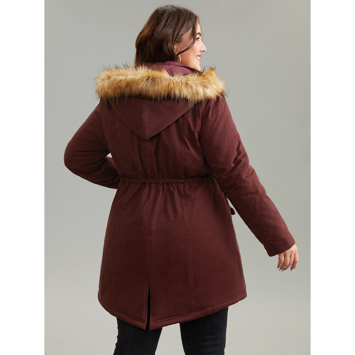 Plus Size Contrast Hooded Fuzzy Trim Drawstring Padded Coat Women Maroon Casual Lined Ladies Dailywear Winter Coats BloomChic 28/5X Product Image