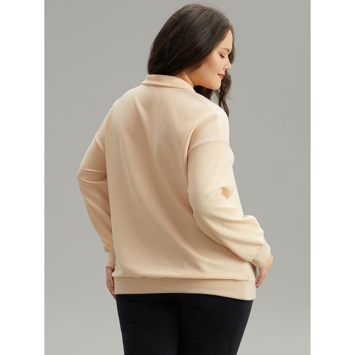 Plus Size Plisse Lapel Collar Button Up Sweatshirt Women Apricot Casual Elastic cuffs Lapel Collar Dailywear Sweatshirts BloomChic 30/6X Product Image