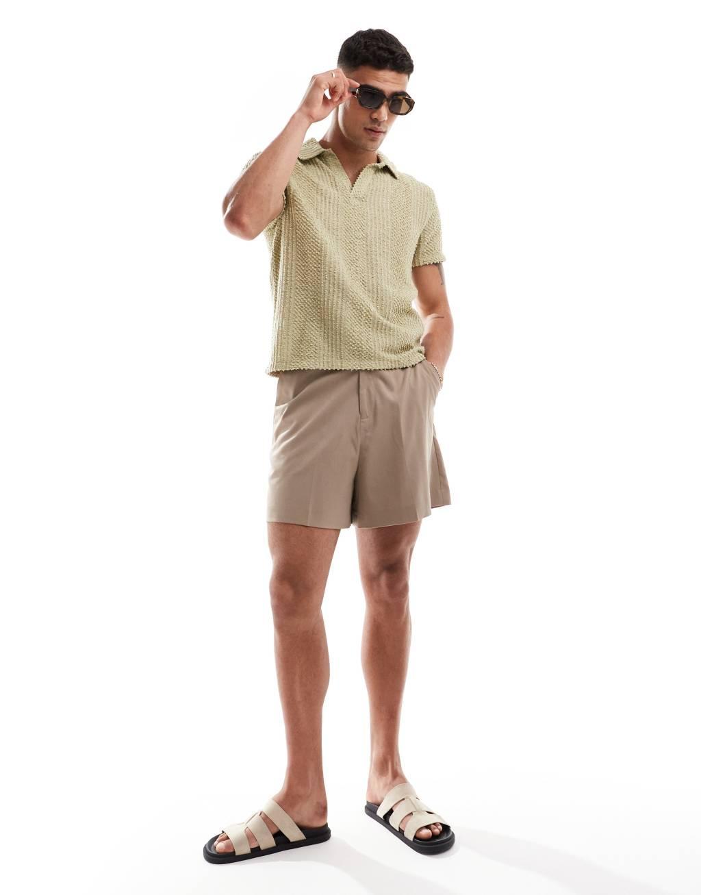 ASOS DESIGN boxy relaxed textured polo with revere neck in khaki Product Image