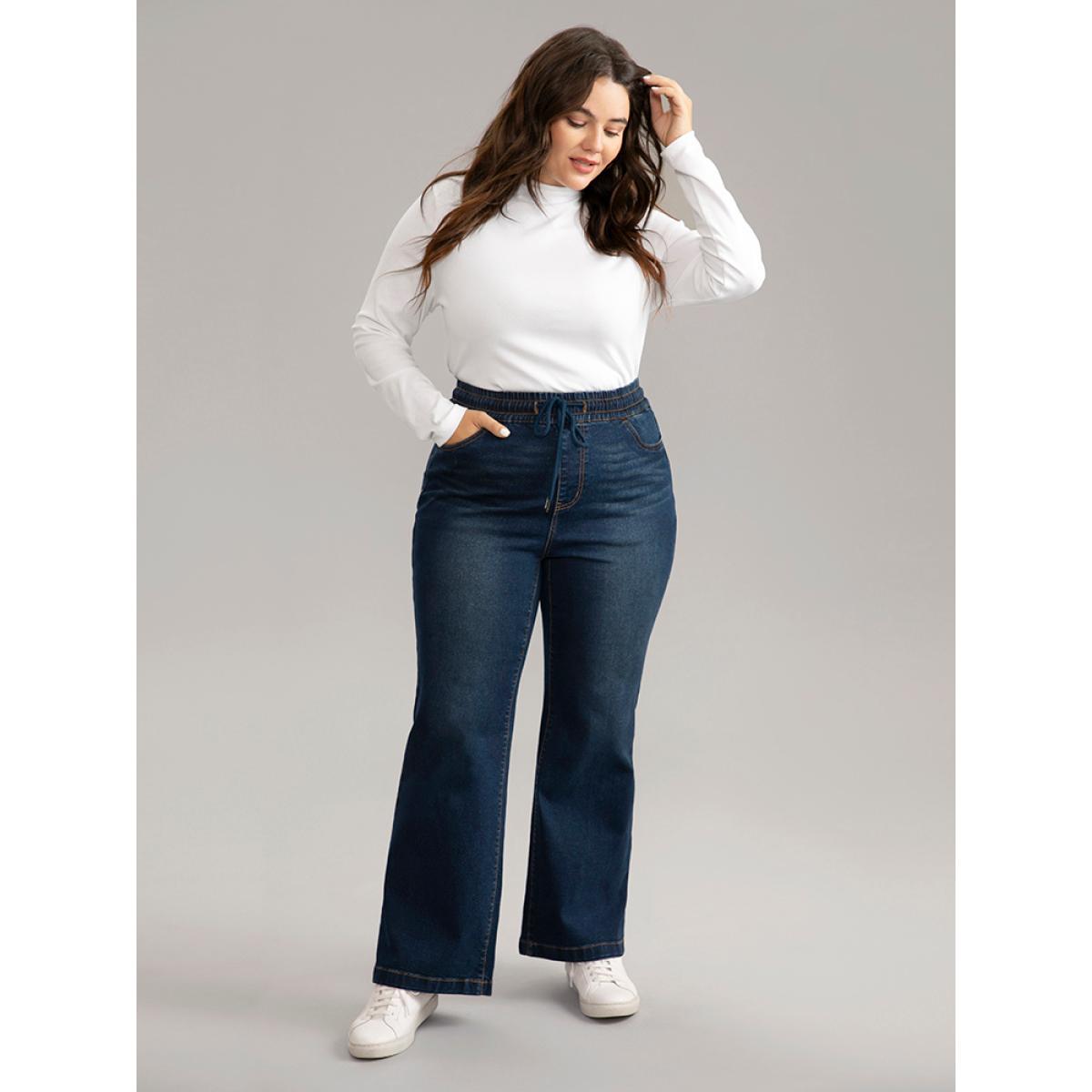 Plus Size Dark Wash Elastic Waist Drawstring Straight Leg Jeans Women Indigo Casual Plain Plain High stretch Pocket Jeans BloomChic 16/1X Product Image