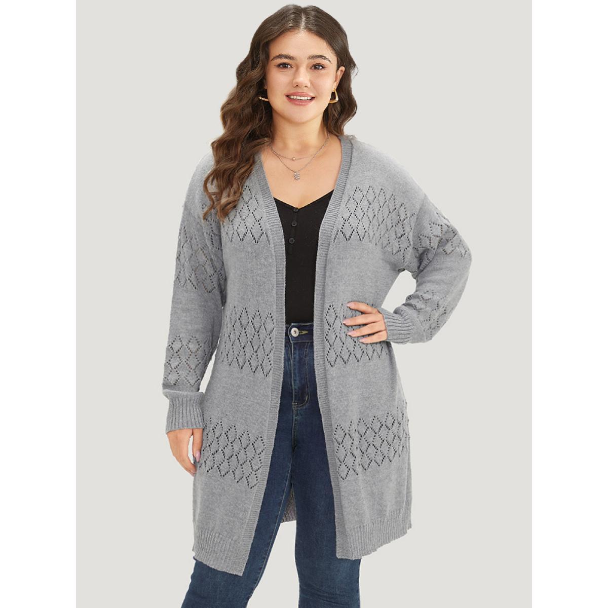 Plus Size Geometric Eyelet Elastic Cuffs Tunic Cardigan DarkGray Women Casual Loose Long Sleeve Dailywear Cardigans BloomChic 30/6X Product Image
