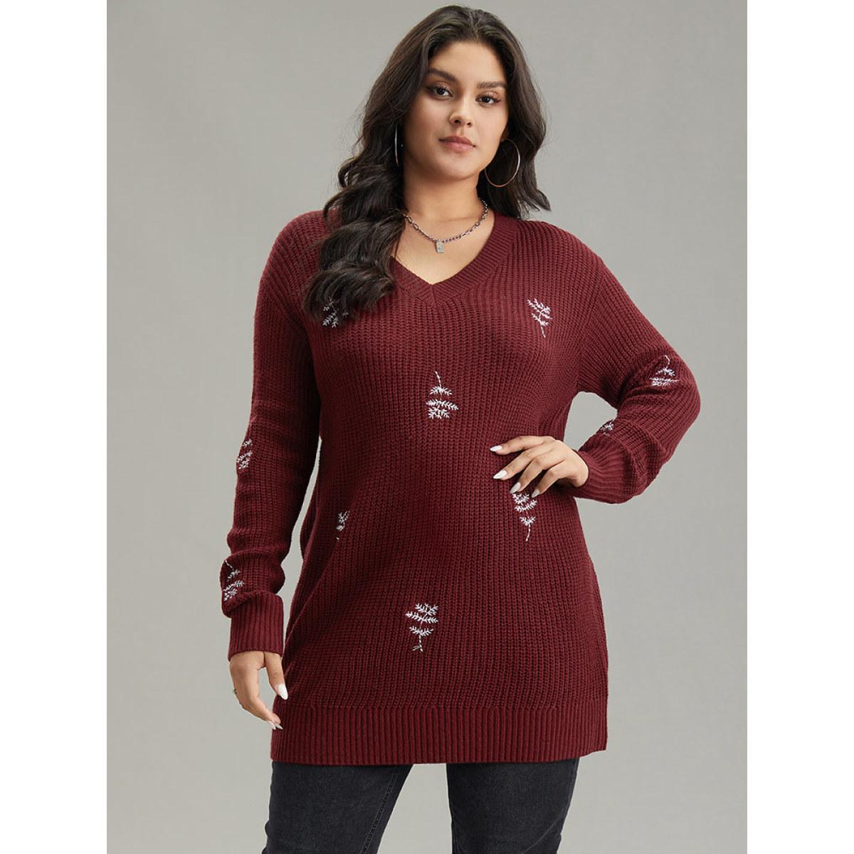 Plus Size Plants Embroidered Plisse Elastic Cuffs Pullover Scarlet Women Casual Loose Long Sleeve V-neck Everyday Pullovers BloomChic 18-20/2X Product Image