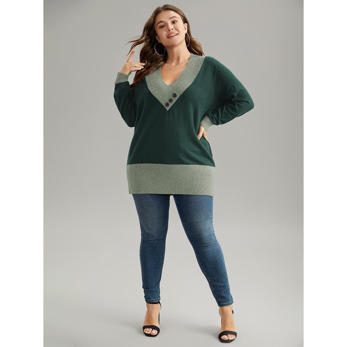 Plus Size Supersoft Essentials Contrast Deep V Neck Button Detail Pullover DarkGreen Women Casual Long Sleeve Deep V-neck Everyday Pullovers BloomChic 26/4X Product Image