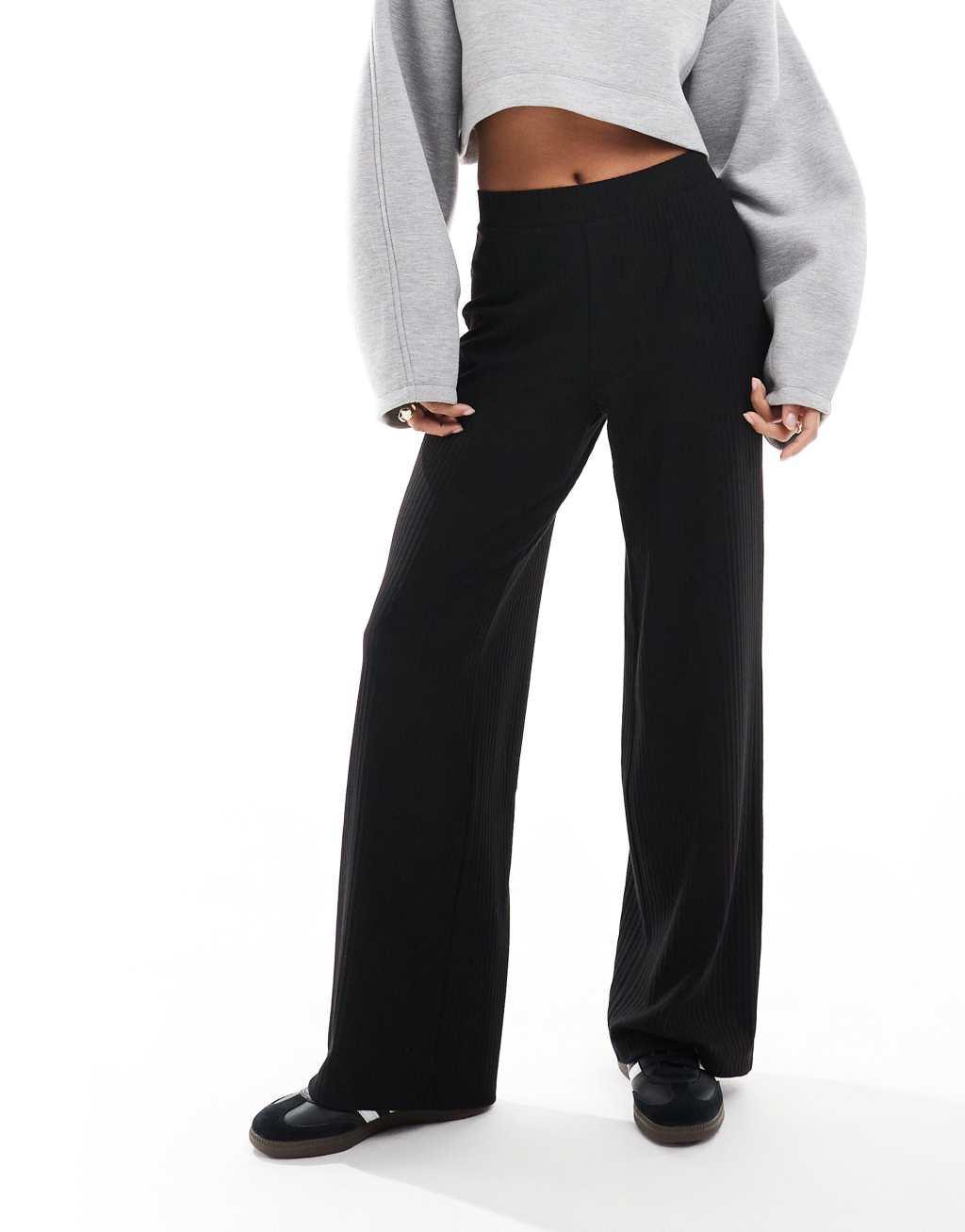 ONLY Petite wide leg ribbed pants in black Product Image