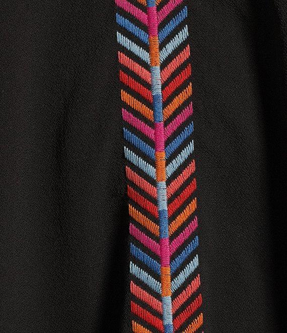 Calessa Embroidered Patchwork Ruffle Split V-Neck 3/4 Sleeve Tunic Product Image