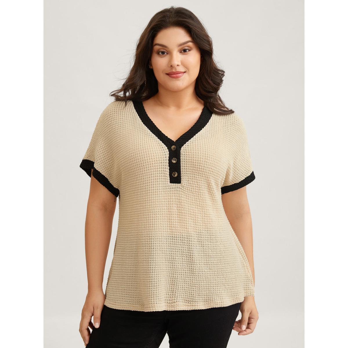 Plus Size V Neck Contrast Button Detail Knit T-shirt Apricot Women Casual Texture V-neck Everyday T-shirts BloomChic 28/5X Product Image