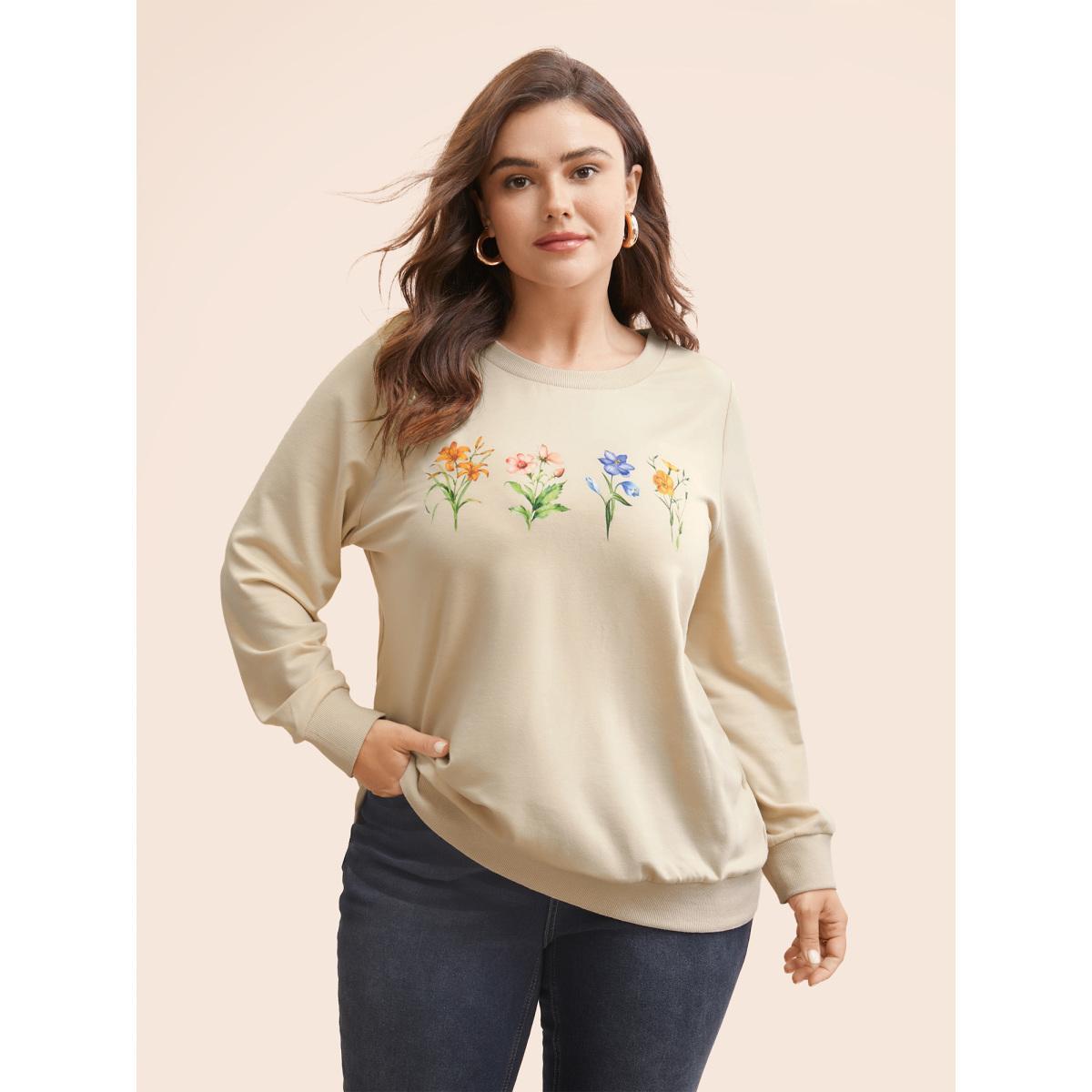 Plus Size Round Neck Natural Flowers Sweatshirt Women Apricot Casual Patchwork Round Neck Everyday Sweatshirts BloomChic 18-20/2X Product Image