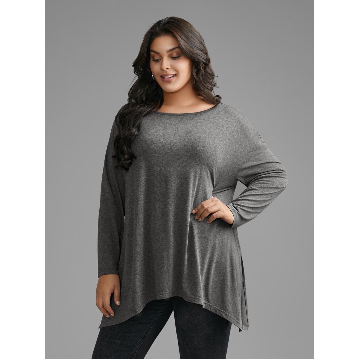 Plus Size Plain Boat Neck Asymmetrical Hem T-shirt DarkGray Women Casual Asymmetrical Boat Neck Loose Everyday T-shirts BloomChic 18-20/2X Product Image