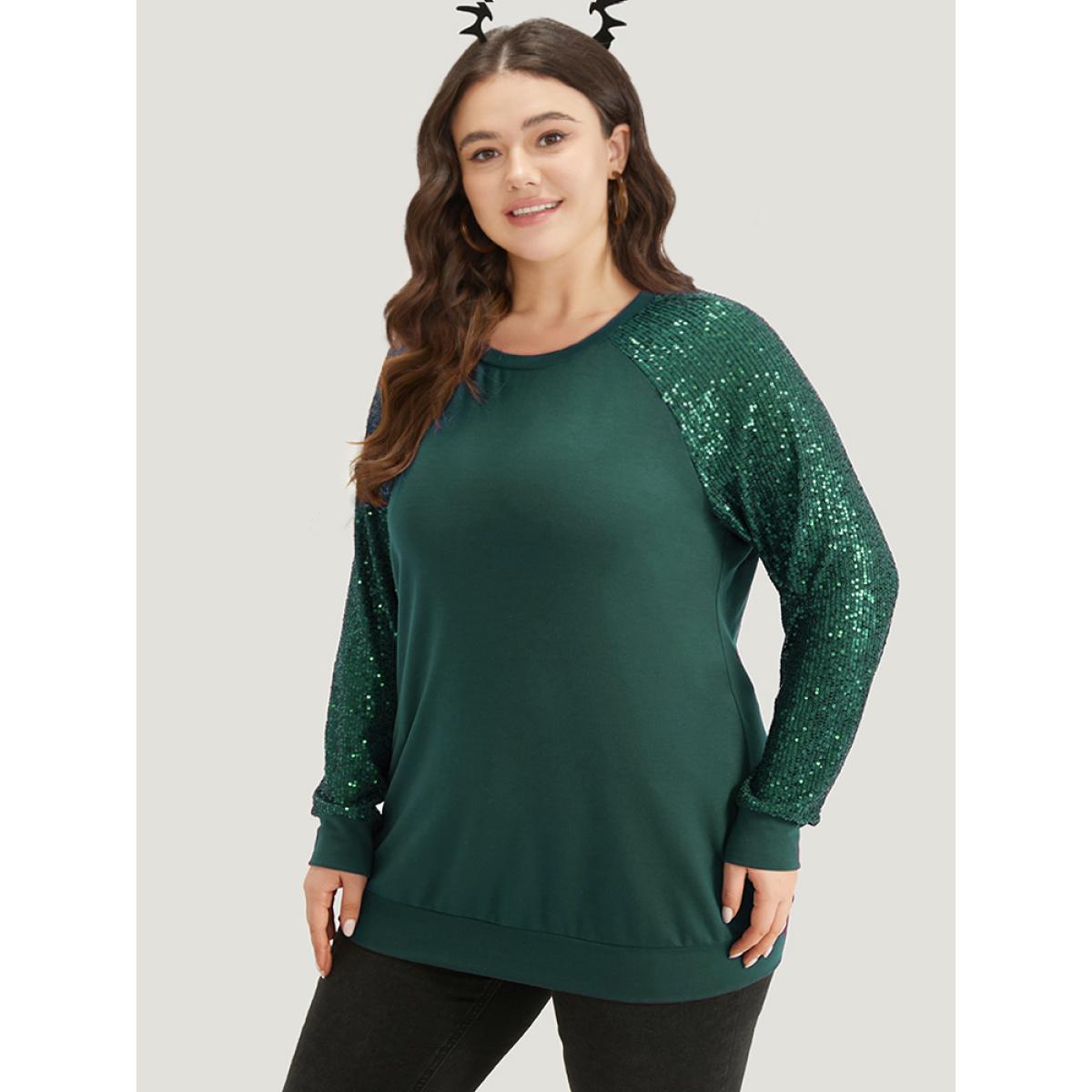 Plus Size Halloween Sequin Round Neck Raglan Sleeve Sweatshirt Women Green Elegant Plain Round Neck Festival-Halloween Sweatshirts BloomChic 22-24/3X Product Image
