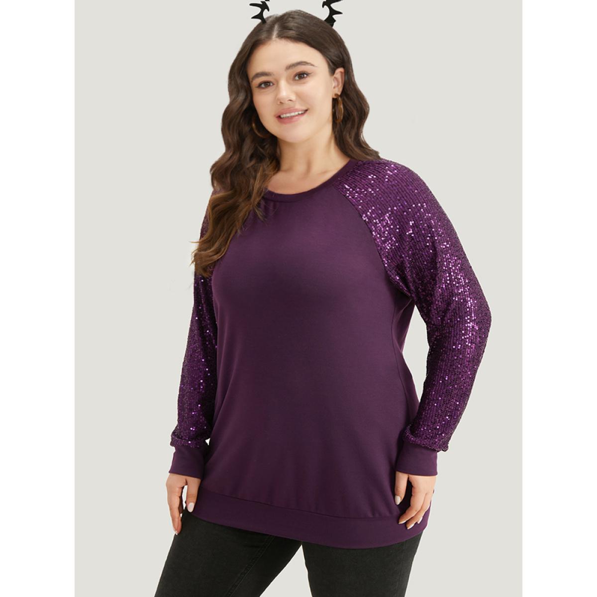 Plus Size Halloween Sequin Round Neck Raglan Sleeve Sweatshirt Women Purple Elegant Plain Round Neck Festival-Halloween Sweatshirts BloomChic 18-20/2X Product Image