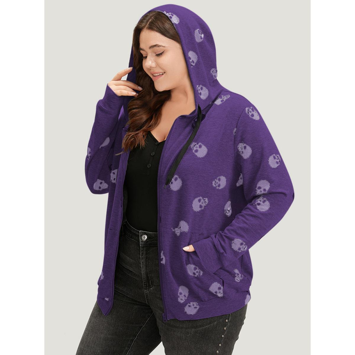 Plus Size Halloween Skull Print Pocket Zipper Hooded Sweatshirt Women Purple Casual Elastic cuffs Hooded Festival-Halloween Sweatshirts BloomChic 22-24/3X Product Image