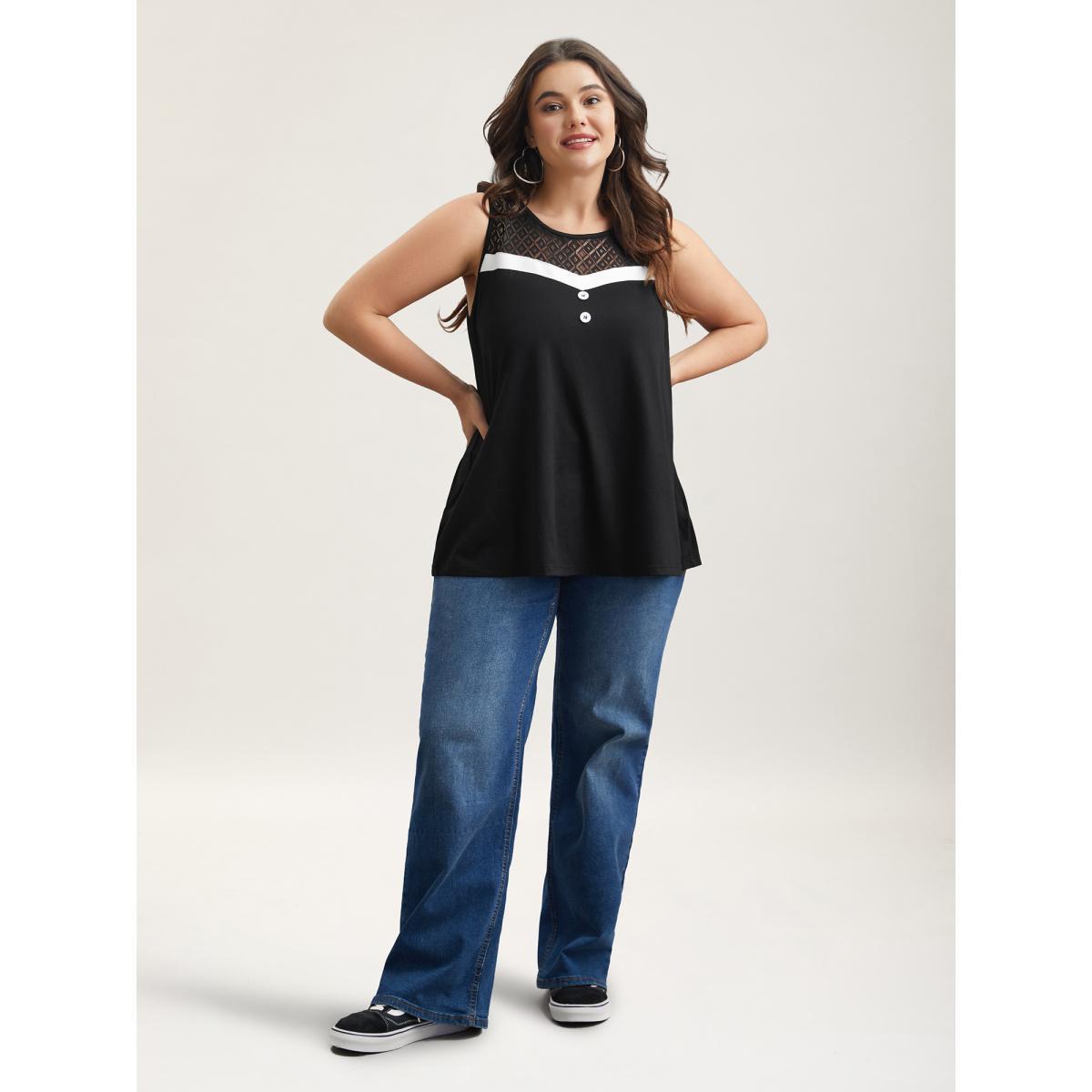 Plus Size Sheer Lace Color Contrast Button Vest Women Black Casual See through Round Neck Everyday Tank Tops Camis BloomChic 12/L Product Image