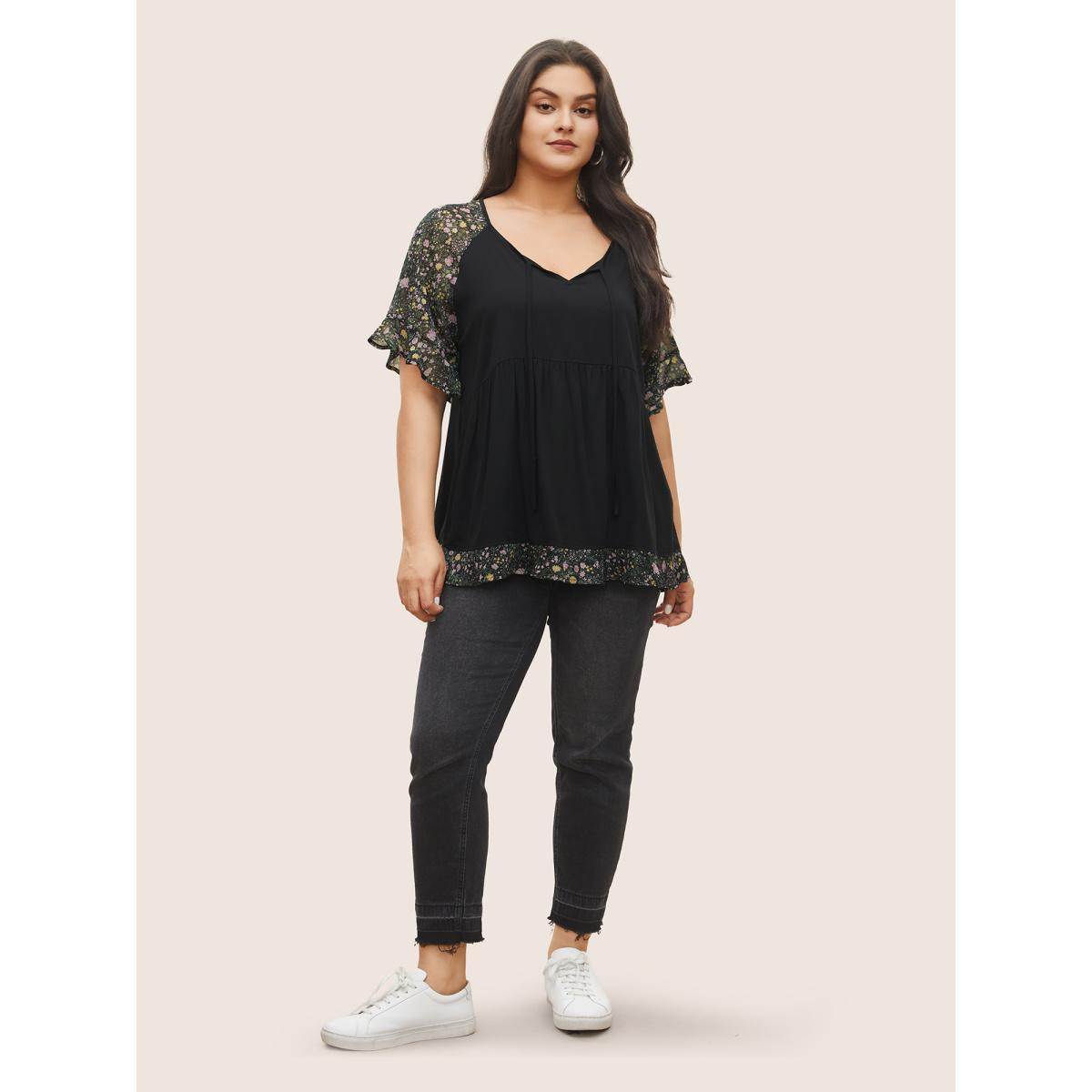 Plus Size Black Ditsy Floral Patchwork Ties Flutter Sleeve Blouse Women Elegant Short sleeve V-neck Everyday Blouses BloomChic 18-20/2X Product Image