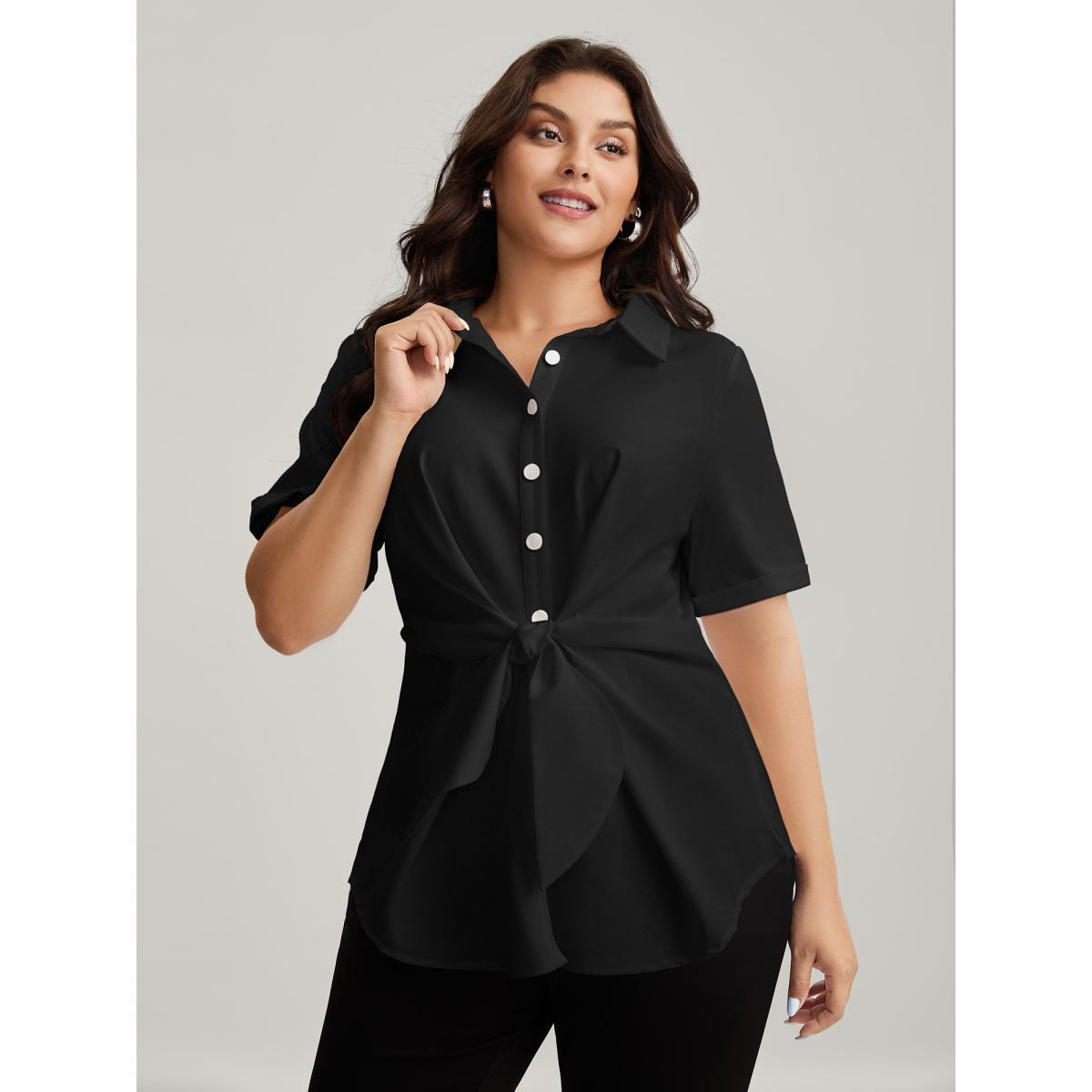 Plus Size Black Knotted Front Asymmetrical Hem Blouse Women Short sleeve Shirt collar Work Blouses BloomChic 12/L Product Image