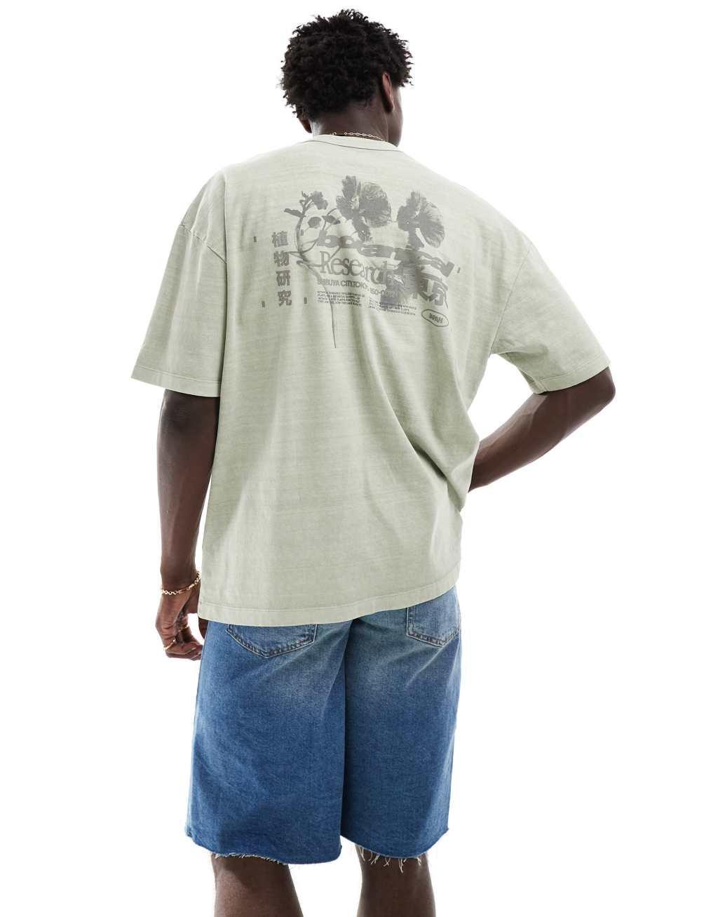 ASOS DESIGN oversized t-shirt in washed green fabric with floral back print Product Image