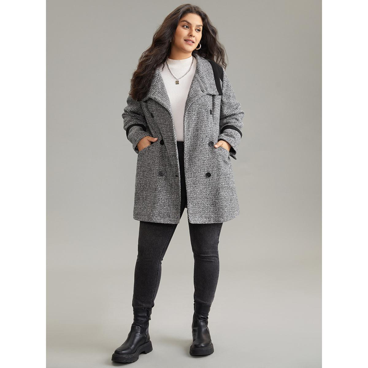 Plus Size Contrast Tweed Double Breasted Flap Pocket Coat Women DimGray Casual Lined Ladies Dailywear Winter Coats BloomChic 26/4X Product Image